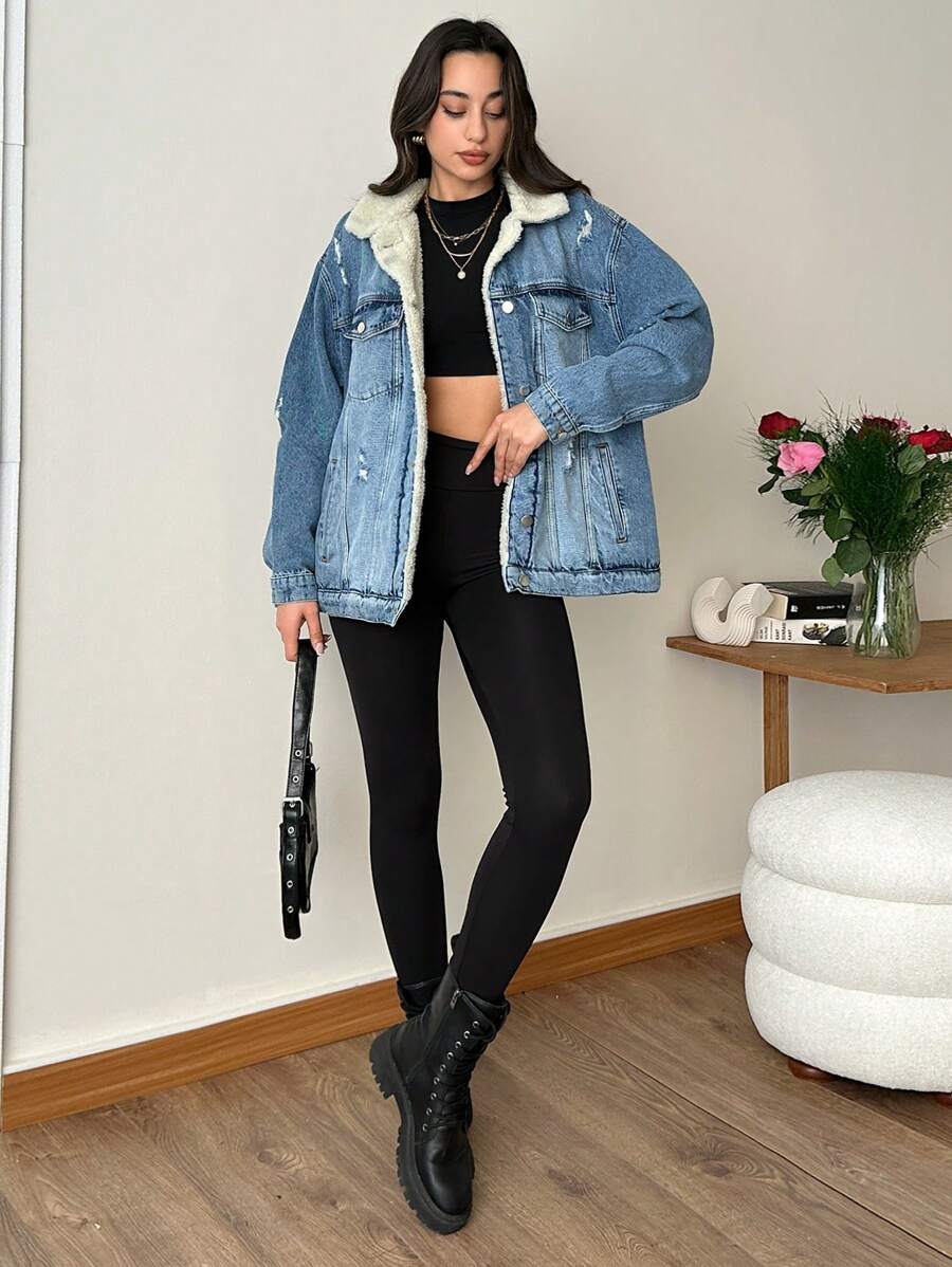 RueChic Flap Pocket Teddy Lined Denim Jacket - Medium Wash - View 1