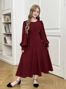 SHEIN Serisse Kids Robe bourgogne mi-longue plissée à col rond, manches lanternes pour les jeunes filles, couleur unie élégante, portée au quotidien