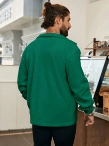 Manfinity Homme Men's Solid Color Button Front Long Sleeve Pocket Casual Shacket,Fall Men Clothes,Beige Flannel Thermal Shacket - Dark Green - View 2