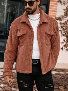 Manfinity CasualCool Men's Solid Color Long Sleeve Cargo Casual Polar Fleece Jacket, Autumn Winter,Men's Solid Color Long Sleeve Jacket, Men Warm Jacket,Winter Men Jacket,Coral Fleece Jacket