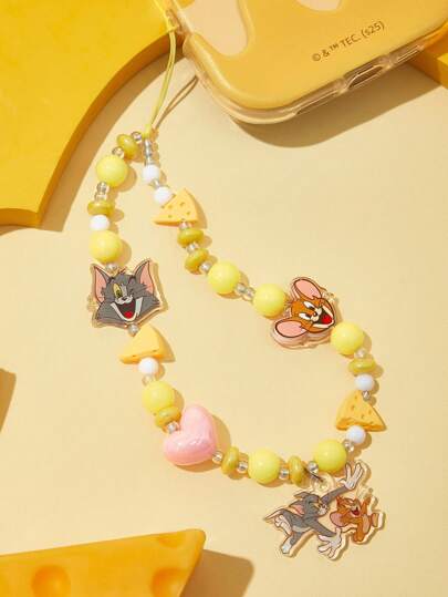 TOM & JERRY X SHEIN 亚克力卡通设计时尚可爱黄色手工心形串珠手机链手机挂绳