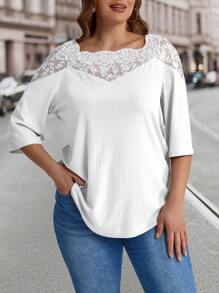 EMERY ROSE Plus Size Women's Teacher Clothes Loose Fit Mesh Patchwork 3/4 Sleeve T-Shirt, Spring/Summer