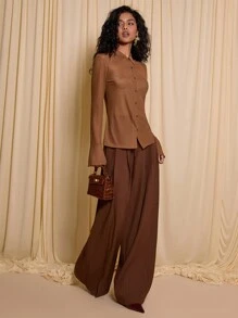 COSMINA Women's Solid Color Front Button Long Sleeve Casual Simple Blouse, Daily Wear - Brown - View 3