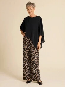 SHEIN LUNE 度假两件套，夏季假日休闲纯色不对称下摆衬衫和豹纹长裤 2 件套