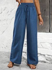 SHEIN Tall Women's Plain Front Tie Casual Loose Fit Long Pants Fall Cloth For Women - Blue - View 1
