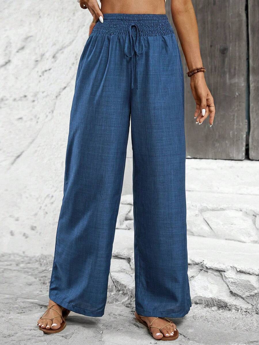 SHEIN Tall Women's Plain Front Tie Casual Loose Fit Long Pants Fall Cloth For Women - Blue - View 1