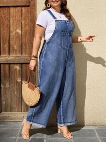 EMERY ROSE Plus Size Casual Washed Loose Denim Bib Overalls - Light Wash - View 5