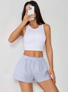 SHEIN PETITE Women's Button-Up Striped Beach Vacation Shorts