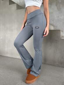 EURMUSE Women's Solid Logo Detailed Flare Leg Pants - Grey - View 3