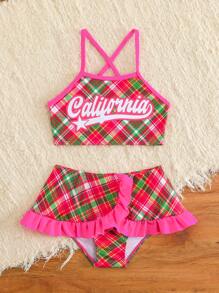 SHEIN 年轻女孩细肩带字母印花简约比基尼上衣和下装泳衣套装 - 西瓜粉 - 查看 3