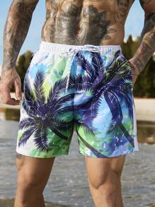 Surfspeed Pantaloni scurți de plajă casual pentru bărbați, cu imprimeu cu plante, cu șnur, în stil de vacanță relaxat