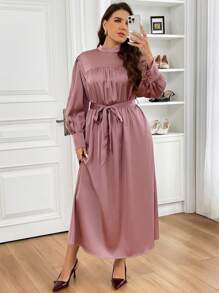 SHEIN Frenchy Plus Size Elegant Modest Dresses Solid Color Cinched Waist Long Dress, Casual - Dusty Pink - View 3