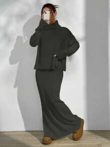 SHEIN Unity 2pcs Casual Solid High Neck Side Slit Sweater And Skirt Set - Dark Grey - View 5