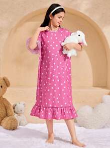 SHEIN Leap Crew Tween Girls' Loose Casual Heart Pattern Wide A-Line Ruffle Trim Dress - Pink - View 6