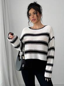 SHEIN Unity Suéter de mujer casual de manga larga con hombros caídos y bloques de color a rayas, suéter de punto de otoño/invierno - Albaricoque - Ver 6
