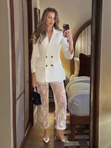 Pariaura 2 Pieces Women Business Casual Sexy Suit Set, Blazer And Lace Decor, Mature Style
