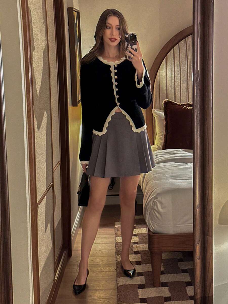 Pariaura Elegant High-Waisted Pleated A-Line Mini Skirt For Women, Autumn/Winter - Dark Grey - View 1