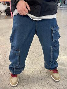 Claim Dot Men's Utility Pocket Casual Cargo Wide Leg Jeans - Medium Wash - View 7