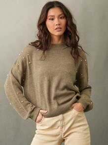 WESTFADE Western Faux Pearl Embellished Crewneck Relaxed Fit Long Sleeve Sweater, Fall, Autumn, Casual, Back To School, Female Country Look, Winter Clothes - Apricot - View 4