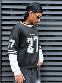 Sudadera con capucha casual de hombre con cuello redondo, de unicolor, parches y estampado de números de manga larga