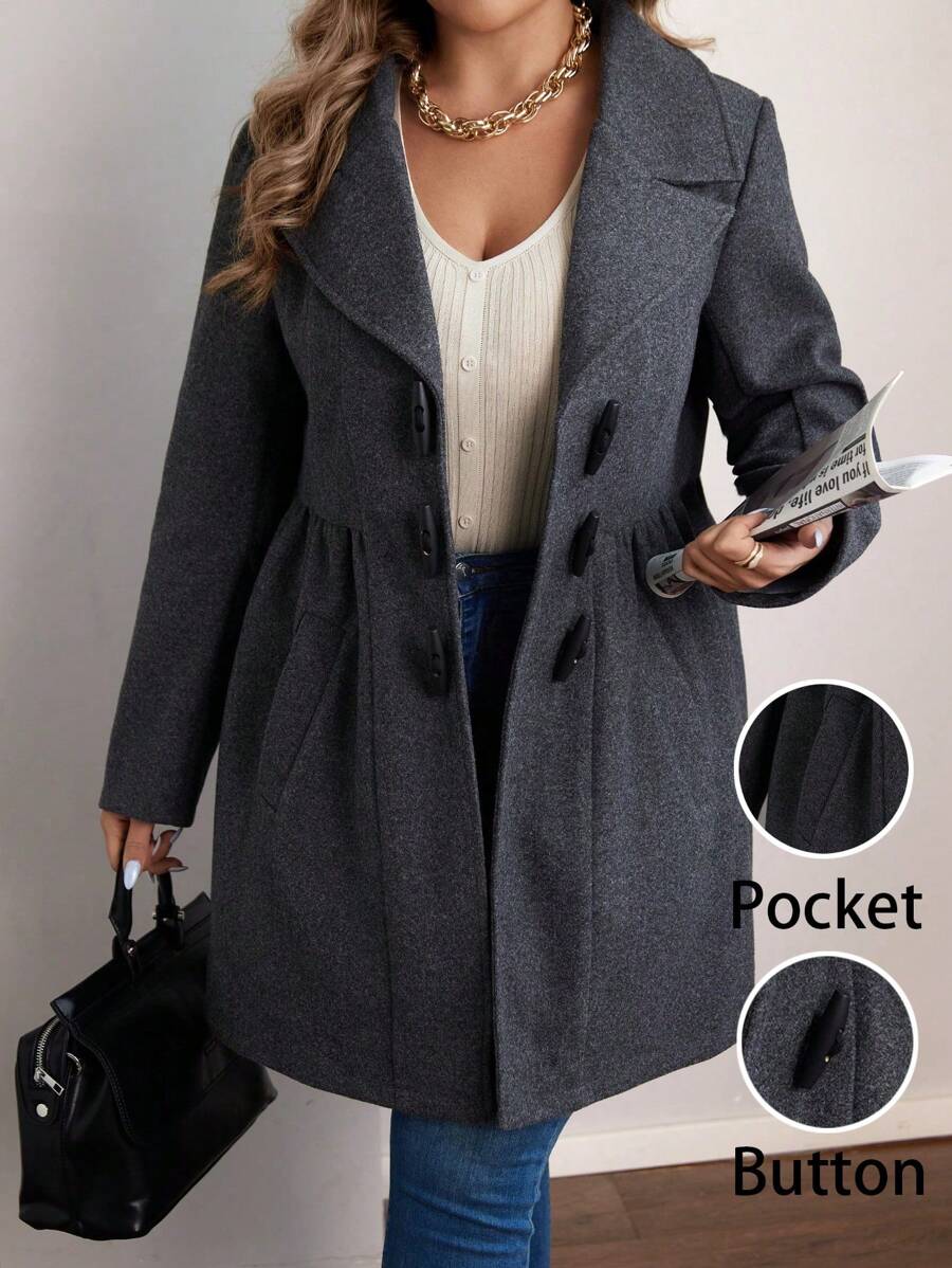 Calvaya 大码复古领口纽扣前腰大衣 - 灰色 - 查看 1