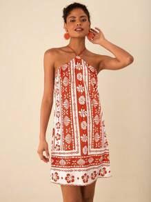 Travachic Women's Floral Print Casual Halter Neck Mini Dress,Vacation Casual Beach Dress