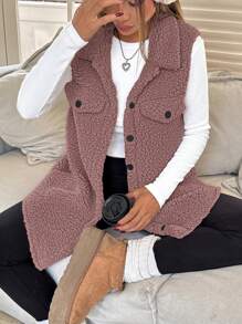 SHEIN EZwear Women's Sleeveless Minimalist Button Front Pockets Casual Jacket, Daily Wear In Fall/Winter