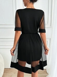 EURMUSE DEEP 'V' COLLAR TULLED SLEEVE & SKIRT DETAILED SHORT DRESS - Black - View 2