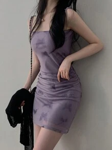 DAZY 蝴蝶印花吊带连衣裙，褶饰紧身丁香紫色迷你连衣裙，女士俱乐部连衣裙，太阳裙，休闲女士连衣裙