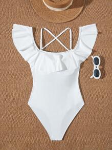 SHEIN Swim 1 pieza Traje de baño de una sola pieza de tiras delgadas y ajustado, de color liso y casual para mujer, de verano