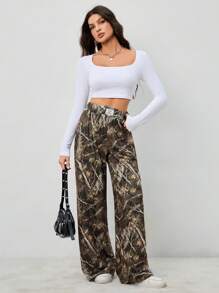 SHEIN Tall Women's Basic Knitted Camouflage Stretch Comfort Army Green Wide Leg Sweatpants