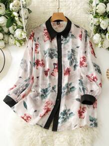 Lacomfia Camisa de manga larga con cortes y estampado floral elegante para mujer en tallas grandes - Albaricoque - Ver 1
