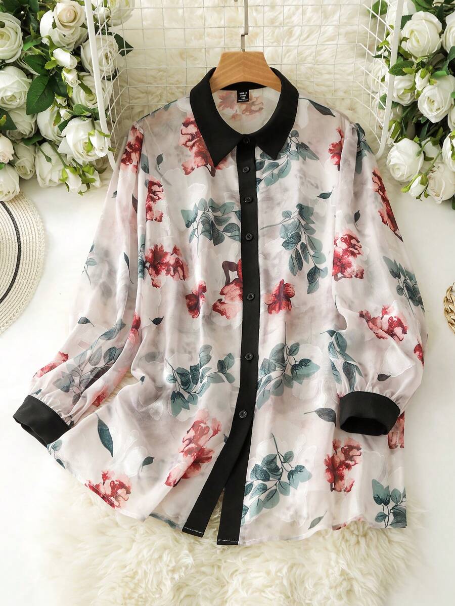 Lacomfia Camisa de manga larga con cortes y estampado floral elegante para mujer en tallas grandes - Albaricoque - Ver 1