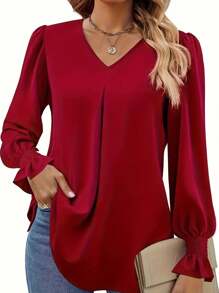 Blusa de manga larga y cuello en V de talla grande en unicolor, para uso diario casual, top rojo para mujer