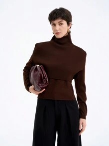 SHEIN LUNE 1件装女士高领纯色斗篷毛衣，适合秋冬季针织套头衫 - 棕色 - 查看 3