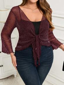 SHEIN Clasi Hollow Laced Front Ruffle Hem Cropped Top With Puff Sleeves, Plus Size Women Carnival - Burgundy - View 3