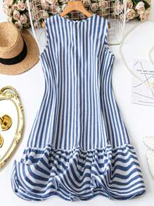 SHEIN LUNE 女士大码休闲条纹无袖连衣裙 西装女士波西米亚风 90 年代服饰 节日夏季女士服装 夏季波西米亚风复古风 女士夏季服装 春假狂欢服装 节日春假服装 棉质 - 藍白色 - 查看 2