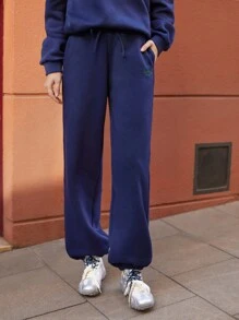 Maija 女士蓝色早春松紧腰字母印花前抽绳斜口袋休闲运动长裤，时尚百搭日常穿着节日 - 藏蓝色 - 查看 7