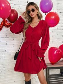 SHEIN VCAY Valentine's Day Out Date Holiday V-Neck Hem A-Line Casual Holiday Elegant Ladies Long Sleeve Dress, Back-To-School Fall/Winter Dress, Back-To-School Everyday Dress, Commute, Minimalist, Office, Old Money, Simple, Teacher Dress, Christmas Dress, Christmas Party Atmosphere Red Dress, Valentine's Day Red Dress, New Year Party Dress, Red Romantic Dress, This Is A Very Elegant And Stylish Dress For Women