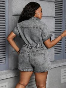 SHEIN SXY Plus Size Women's Denim Jumpsuit Short Sleeve Romper Shorts Casual Dark Grey Jumpsuit Jumpsuits For Woman Bodysuits For Women Rompers For Women Vacation Outfits Woman Summer Outfits For Women Spring Outfits For Women - Dark Grey - View 2
