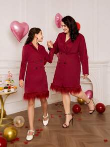 SHEIN 1 chiếc váy dài tay chắp vá cổ bẻ cho bé gái, phong cách thời trang, trang phục gia đình đồng bộ (bán riêng 2 chiếc) - Màu Hồng Tươi - Xem 1