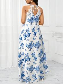 SHEIN Lady Robe longue élégante et fleurie avec un col ras-du-cou rehaussé, en bleu et blanc. Robe décontractée idéale pour tous les jours et les vacances