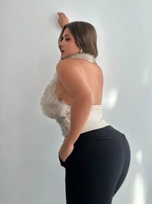 SHEIN Privé Plus Size Women Elegant Chic Spaghetti Strap Faux Fur Shrug, Versatile Tank Top Outerwear Suitable For Layering, Autumn/Winter