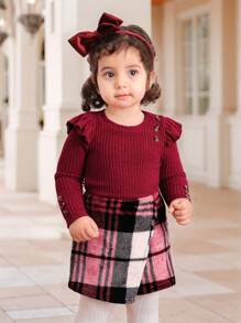 SHEIN Fern Glow  2pcs/Set Baby Girl Valentine's Day Cute Knitted Red Long Sleeve Top And Plaid Elastic Waist Skirt Outfit, Autumn/Winter/Spring