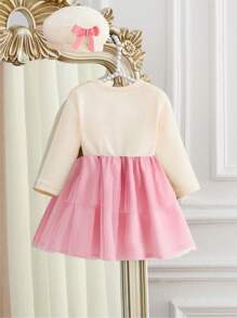 SHEIN Baby Girl Winter Knitted Tulle Dress With Bow Decor - Pink - View 2