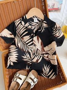 Young Boy Casual Funny Cute Resort Print Woven Shirt, Suitable For Beach Vacation, Summer Outing, Shopping, School, Garden, Beach, Birthday, Suitable For Spring, Summer, Autumn, Winter Seasons - Black - View 1