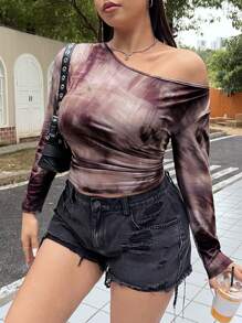 SHEIN EZwear Plus Size Asymmetrical Neck Print Long Sleeve Tops, Autumn/Winter - Khaki - View 3