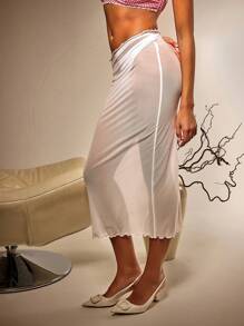 Athîral Women's White Mesh Sheer Ruffle Hem Midi Skirt