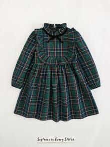 Cozy Pixies Vestido de manga larga con cintura, volantes y lazo con estampado de cuadros para niña