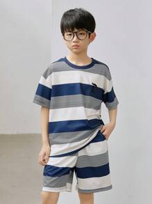 Tween Boy 2 Pieces Set,Blue White Stripe Crew Neck Short Sleeve Top And Shorts Outfit,Casual Modern Street Style For School,Back-To-School,Summer - Multicolor - View 4